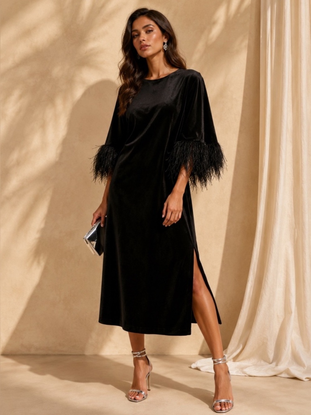 Jude Connally Royce Velvet Dress S Black Feathers Occasion Event NWT